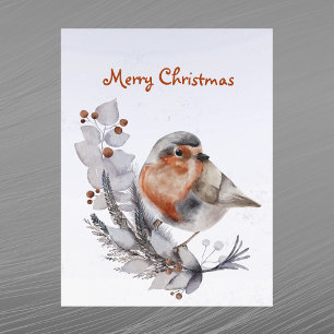 Christmas Robin Redbreast Floral Watercolor Holiday Postcard