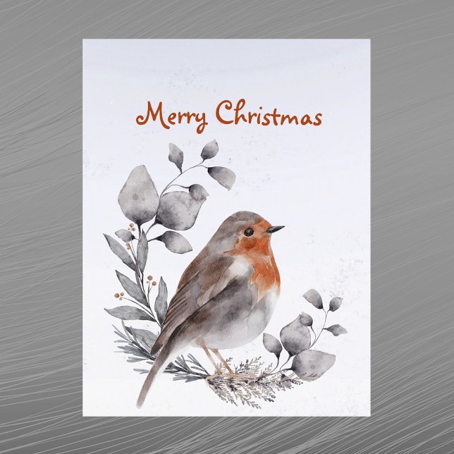 Christmas Robin Redbreast Leaves Watercolor Holiday Postcard (Creator Uploaded)