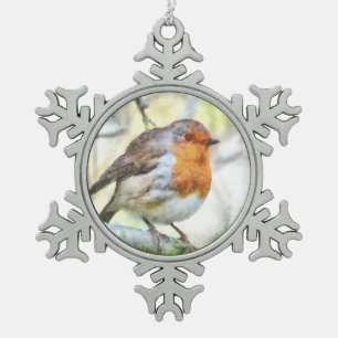 Christmas Robin Redbreast Winter Watercolor Snowflake Pewter Christmas Ornament