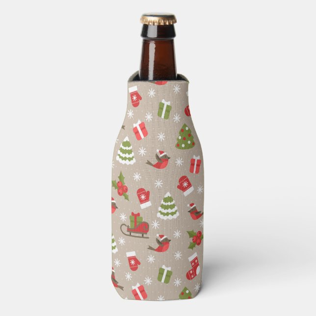 Christmas Robin, tree, holly and stocking Bottle Cooler (Bottle Front)