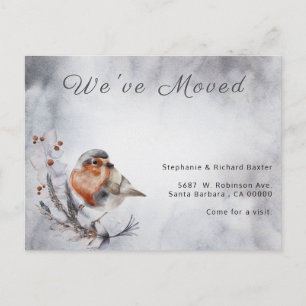 Christmas Robin We've Moved Grey New Home Moving Announcement Postcard