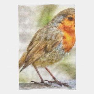 Christmas Robin Winter Watercolor Tea Towel