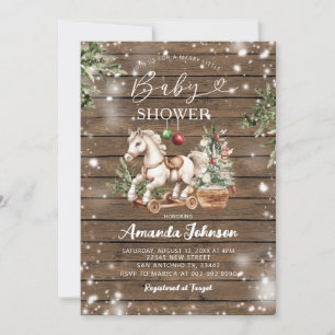 Christmas Rocking Horse Rustic Wood Baby Shower Invitation