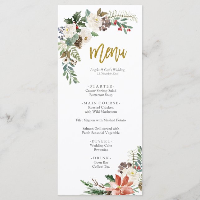 Christmas Romantic Rustic Winter Wedding Menu (Front)
