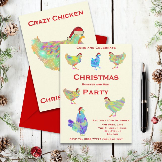 Christmas Rooster and Hen Party (Rooster and hen themed christmas party invitation with cute colorful chickens wearing Santa hats)