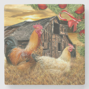 Christmas Rooster Hen Barn Coop Farm Stone Coaster