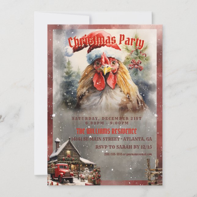Christmas Rooster Watercolor Invitation (Front)