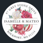 Christmas Rose Floral Return Address Label<br><div class="desc">Add a special touch to all your envelopes with this elegant round design. It features a bouquet of blush red and white roses in the centre. Red and white ornaments add a dash of festive holiday colour. Your names are written across the centre on a white strip. Your address is...</div>