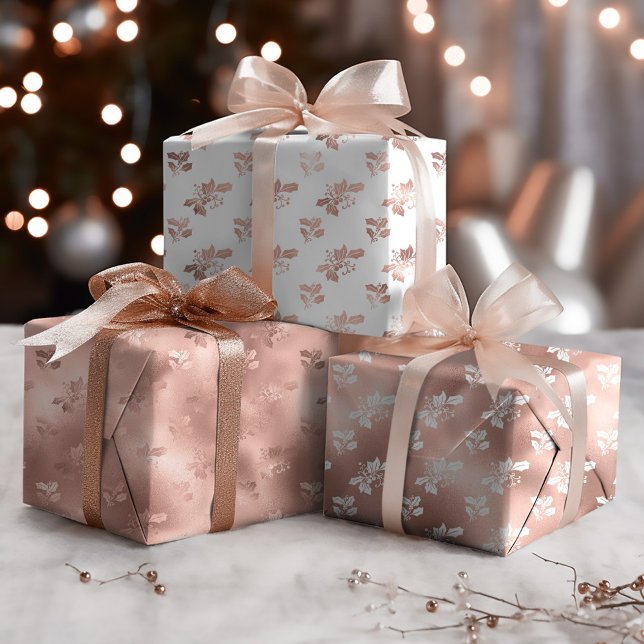 Christmas Rose Gold Elegant Holly Leaves Wrapping Paper Sheet (Creator Uploaded)