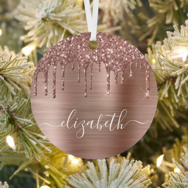 Christmas Rose Gold Glitter Personalised Metal Tree Decoration (Insitu)