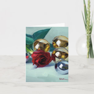 Christmas rose, silver, and gold holiday card