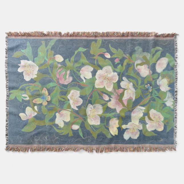 Christmas Rose & Silverwing Butterfly Nocturne Throw Blanket (Front)