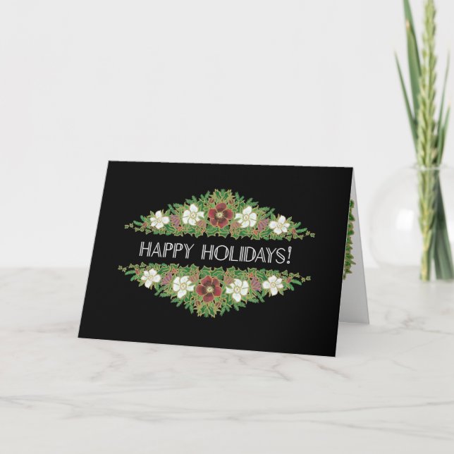 Christmas Roses, Hellebores, Happy Holidays Black Holiday Card (Front)