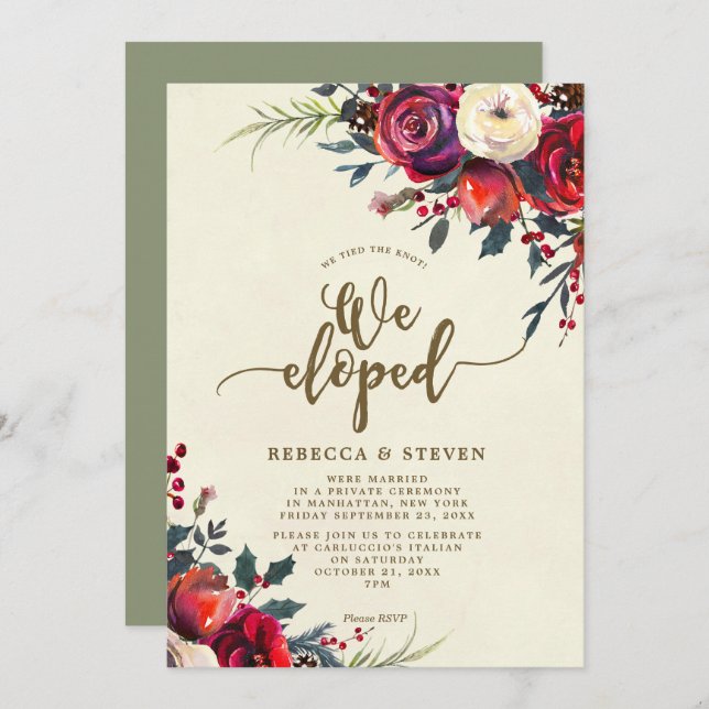 christmas roses modern we eloped invitation (Front/Back)