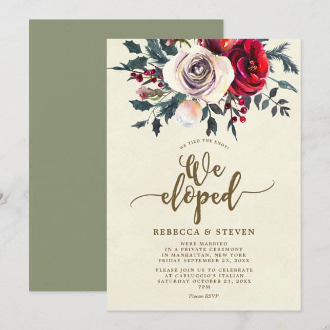 christmas roses modern we eloped invitation (Front/Back)