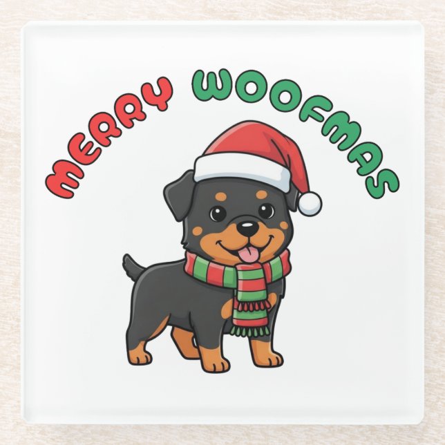 Christmas Rottweiler Coaster: Merry Woofmas Glass Coaster (Front)