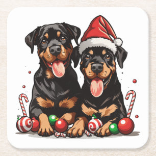 Christmas Rottweiler Dog Santa Square Paper Coaster