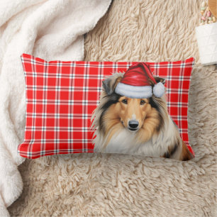 Christmas Rough Collie Dog Red Holiday Plaid Lumbar Cushion