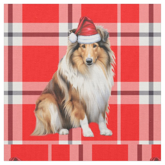 Christmas Rough Collie Dog with Red Plaid Fabric (Close Up)