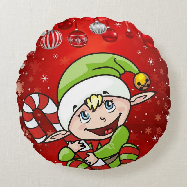 Christmas Round Pillow, Elf Cushion (Front)