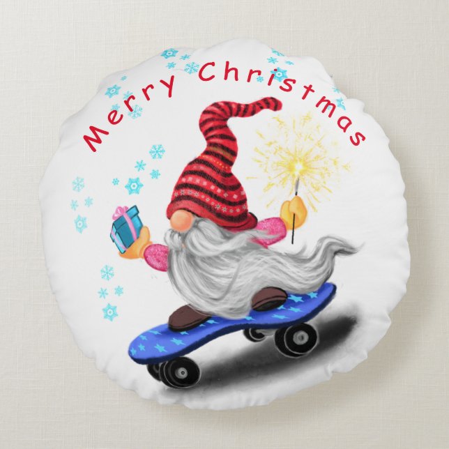 Christmas Round Pillow Gnome with Skateboard (Back)