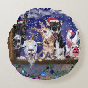 Christmas Round Pillow Happy Farm Animal Party