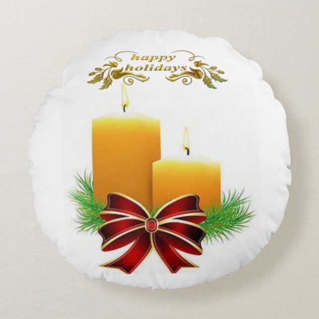 Christmas Round Pillow, Happy Holidays Cushion (Front)