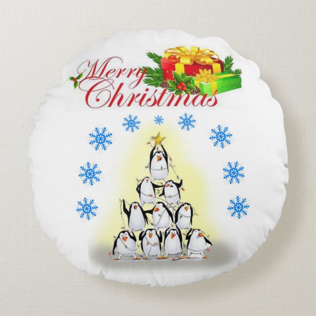 Christmas Round Pillow, Penguin Round Cushion (Front)