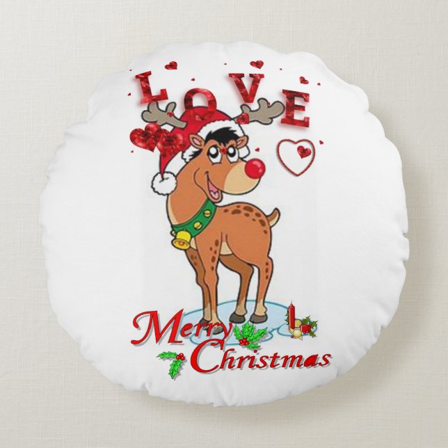 Christmas Round Pillow, Reindeer Cushion (Front)