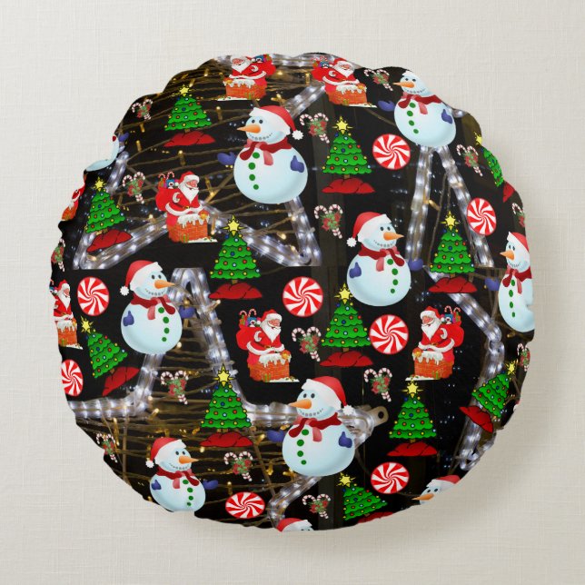 Christmas Round Pillow, Snowman Cushion (Front)