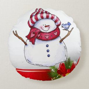 Christmas Round Pillow, Snowman Cushion