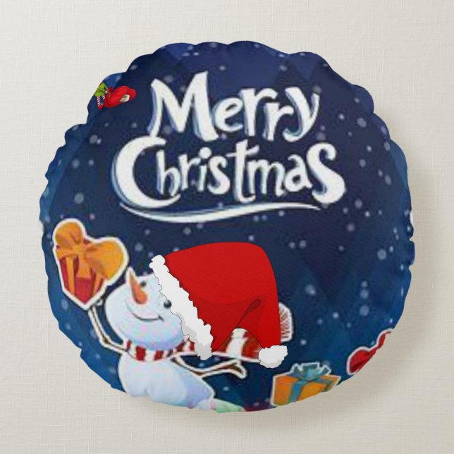 Christmas Round Pillow, Snowman Cushion (Front)