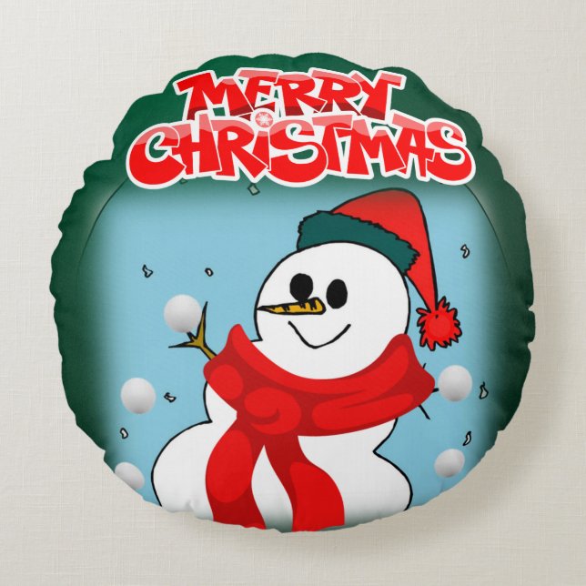Christmas Round Pillow, Snowman Cushion (Front)