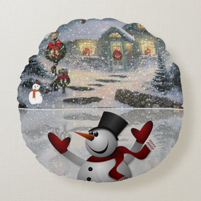 Christmas Round Pillow, Snowman Cushion (Front)