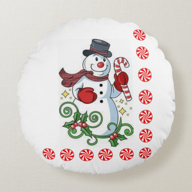 Christmas Round Pillow, Snowman Cushion (Front)
