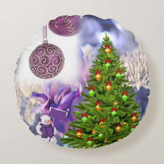 Christmas Round Pillow, Snowman Cushion (Front)