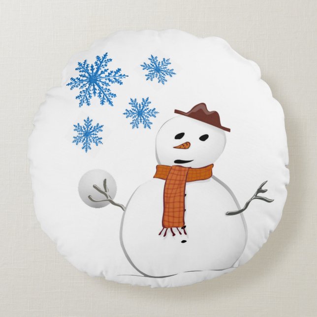 Christmas Round Pillow, Snowman Cushion (Front)