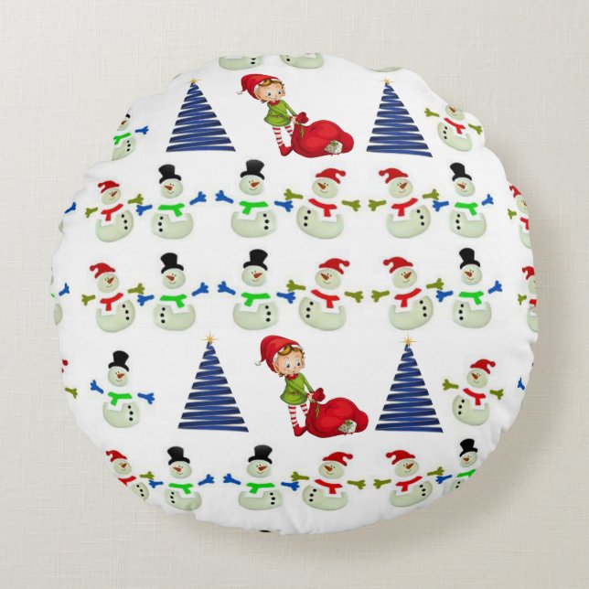Christmas Round Pillow, Snowman Cushion (Front)