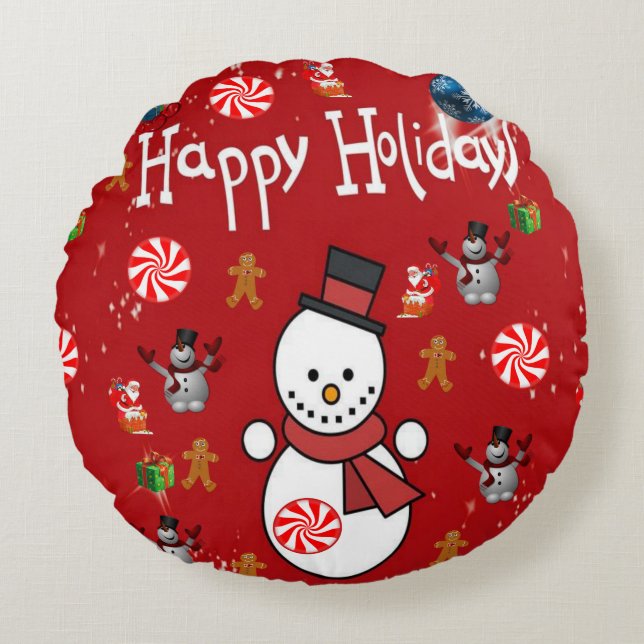 Christmas Round Pillow, Snowman Round Cushion (Front)