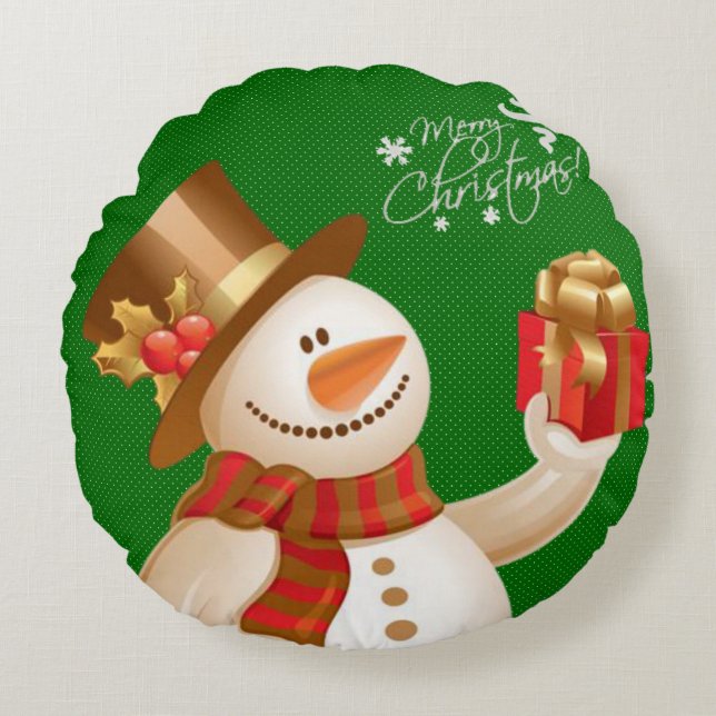 Christmas Round Pillow, Snowman Round Cushion (Front)