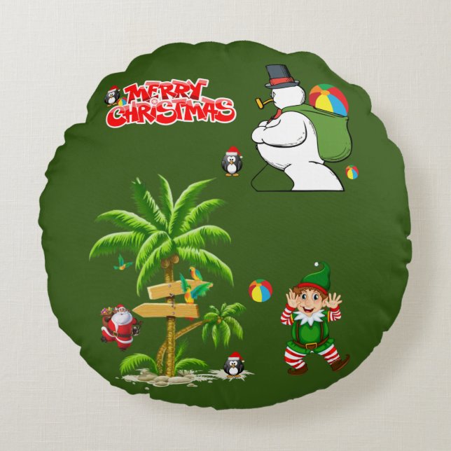 Christmas Round Pillow, Summer Beach Santa Cushion (Front)