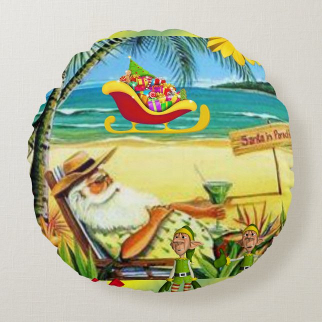 Christmas Round Pillow, Summer Beach Santa Round Cushion (Front)