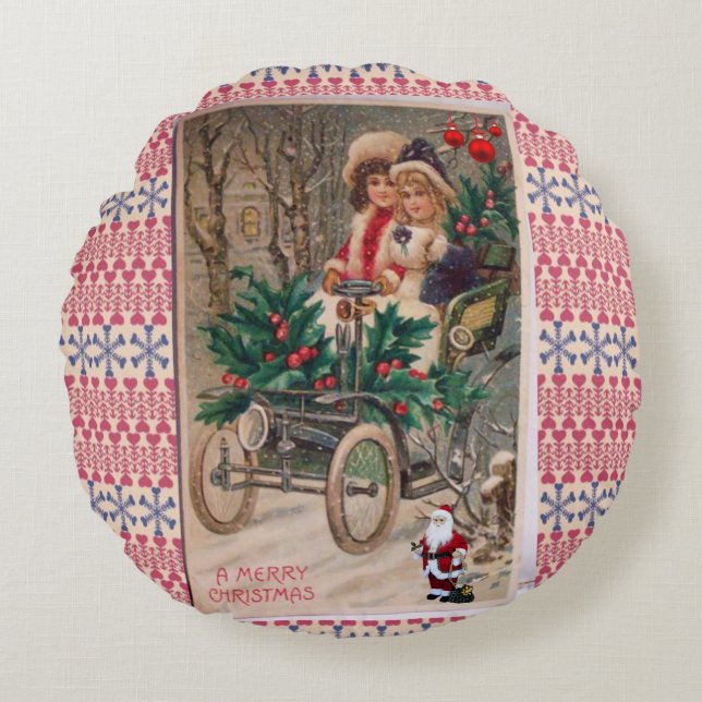 Christmas Round Pillow, Vintage Cushion (Front)