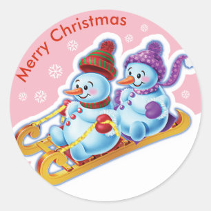 Christmas round sticker Snowmen Snow sports.