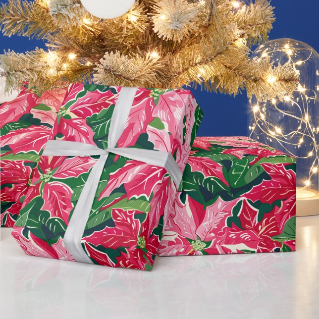 Christmas Ruby Pink Poinsettia N Leaves Pattern Wrapping Paper (Holidays)