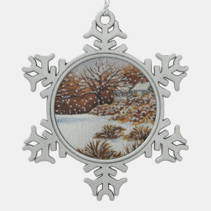 Christmas rural cottages snow scene art snowflake pewter christmas ornament