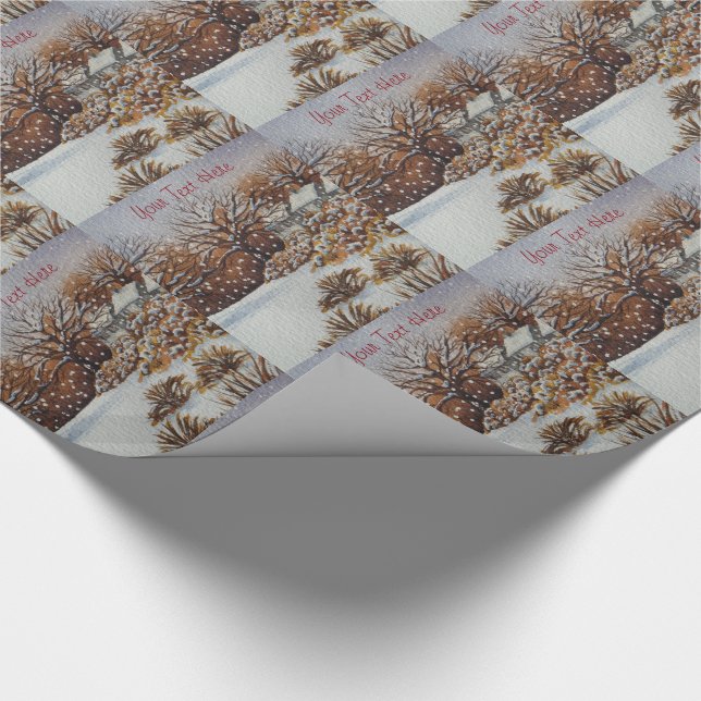Christmas rural cottages snow scene art wrapping paper (Corner)