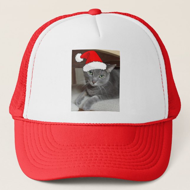 Christmas Russian Blue Grey Cat Trucker Hat (Front)