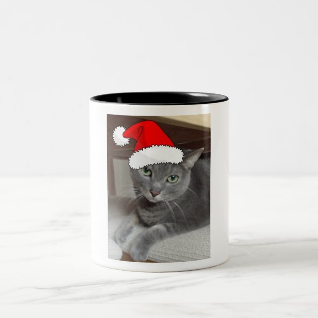 Christmas Russian Blue Grey Cat Two-Tone Coffee Mug (Center)