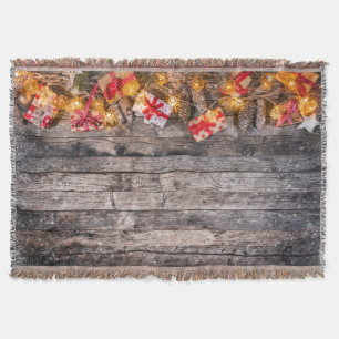 Christmas rustic background, wooden planks. throw blanket